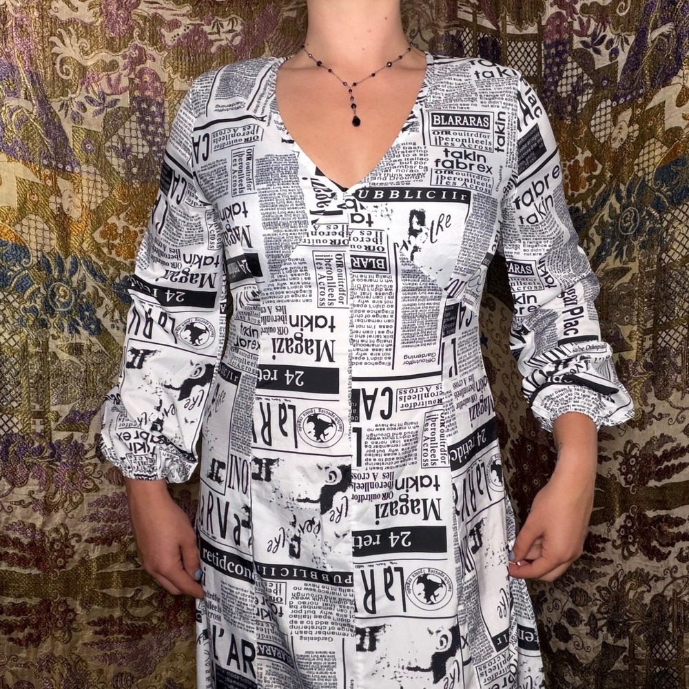 Peasant Sleeve V Neck Indie Sleeze News Paper Print Maxi Dress Streetwear Chic L